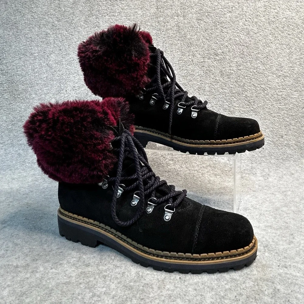 New Sam Edelman‎ Black Suede Boots Women's 9 Bowen Pink Wine Faux Fur Lug Sole